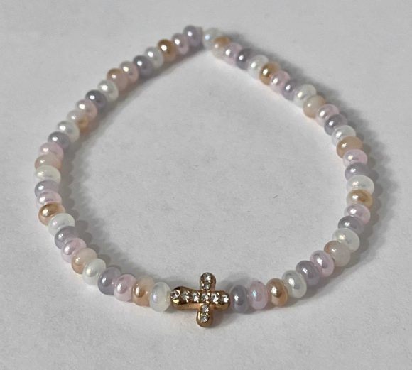 Gold Cross Shell Bead Bracelet with handcrafted design, faith-inspired Christian jewelry for women, perfect for everyday wear.