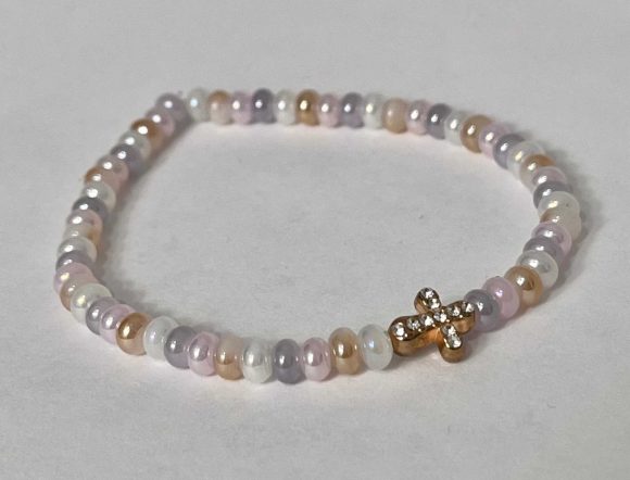 Gold Cross Shell Bead Bracelet with handcrafted design, faith-inspired Christian jewelry for women, perfect for everyday wear.