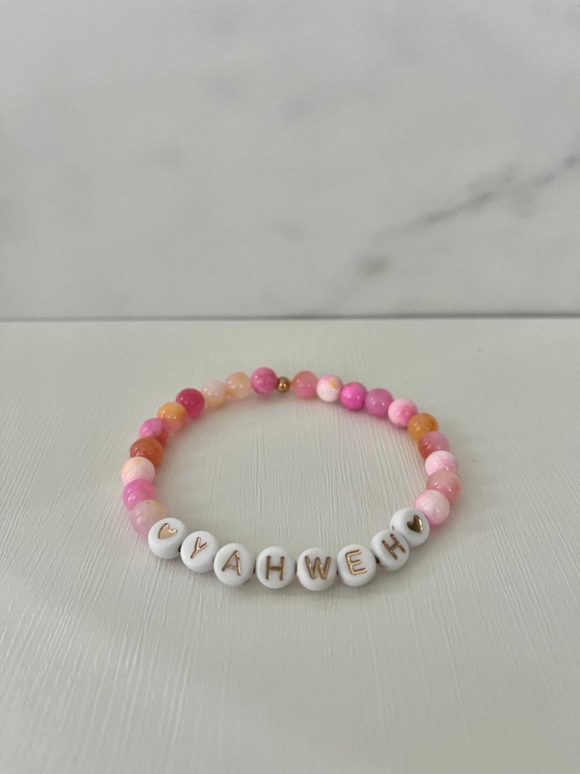 Yahweh pink handmade bead bracelet Christian jewelry for women, faith-inspired accessory with pink beads, perfect for gifts or daily wear