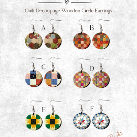 Quilt Decoupage Wooden Circle Earrings