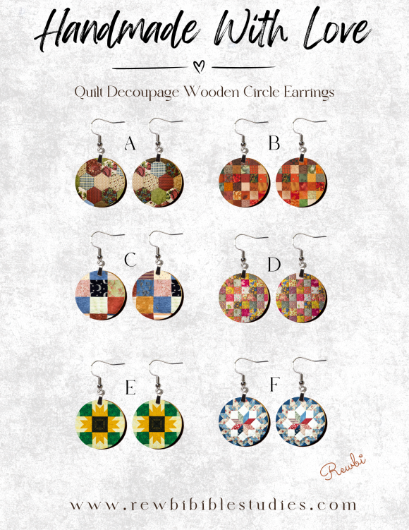 Quilt Decoupage Wooden Circle Earrings