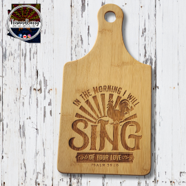 Psalm 59:16 Bamboo Cutting Board - Wine Bottle Shape, Rooster Farm Scene, Rustic Faith Decor, Free Shipping