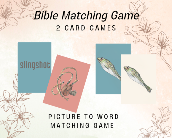 Bible matching picture to picture and picture to word card game.