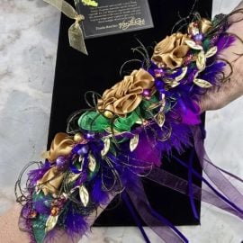 Formal Mardi Gras Extra Fancy long Wristlet Corsage - Old Gold Bling Glam - Prom Pageant Wedding Queen - Event Flowers - Costume Fashion acc