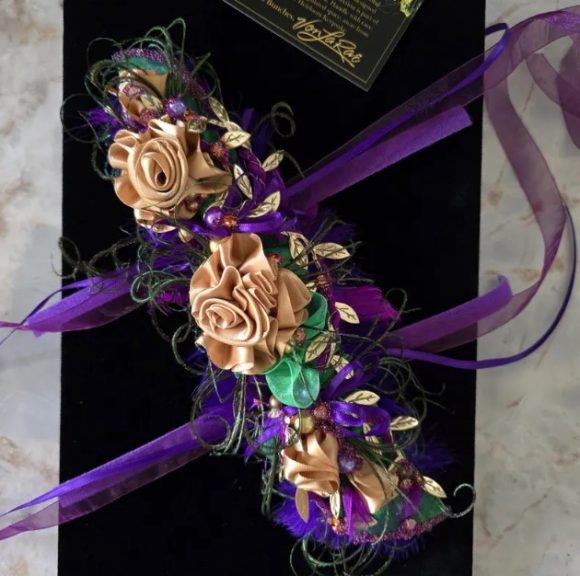 Formal Mardi Gras Extra Fancy long Wristlet Corsage - Old Gold Bling Glam - Prom Pageant Wedding Queen - Event Flowers - Costume Fashion acc