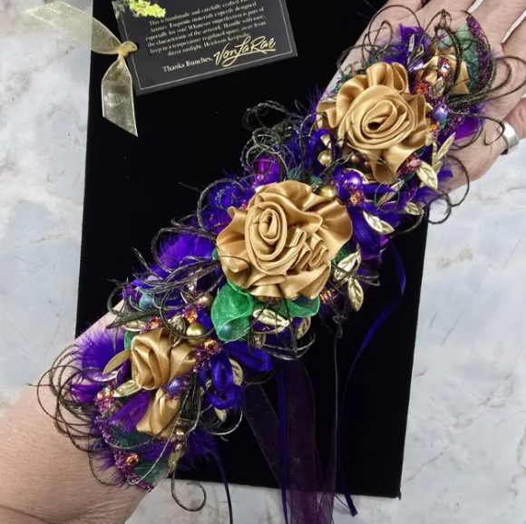 Formal Mardi Gras Extra Fancy long Wristlet Corsage - Old Gold Bling Glam - Prom Pageant Wedding Queen - Event Flowers - Costume Fashion acc