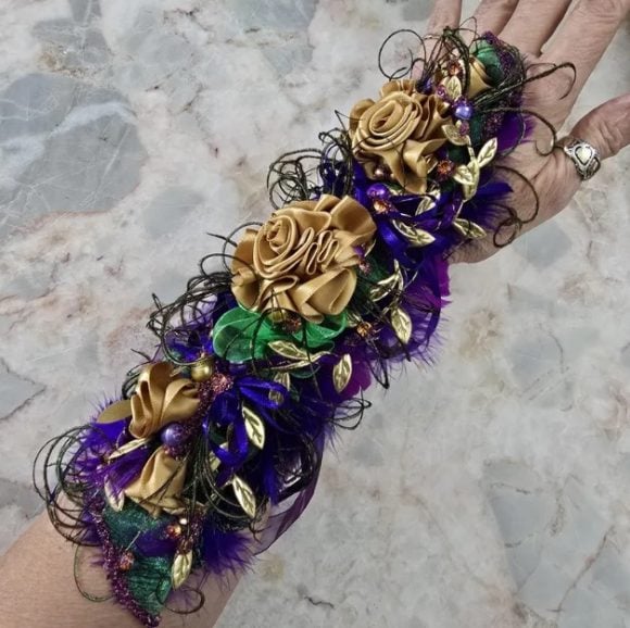 Formal Mardi Gras Extra Fancy long Wristlet Corsage - Old Gold Bling Glam - Prom Pageant Wedding Queen - Event Flowers - Costume Fashion acc