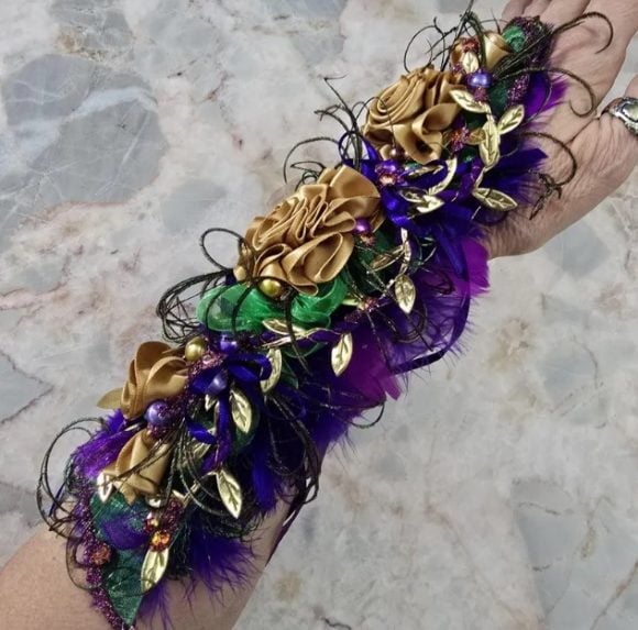 Formal Mardi Gras Extra Fancy long Wristlet Corsage - Old Gold Bling Glam - Prom Pageant Wedding Queen - Event Flowers - Costume Fashion acc