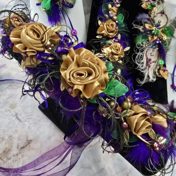 Formal Mardi Gras Extra Fancy long Wristlet Corsage - Old Gold Bling Glam - Prom Pageant Wedding Queen - Event Flowers - Costume Fashion acc