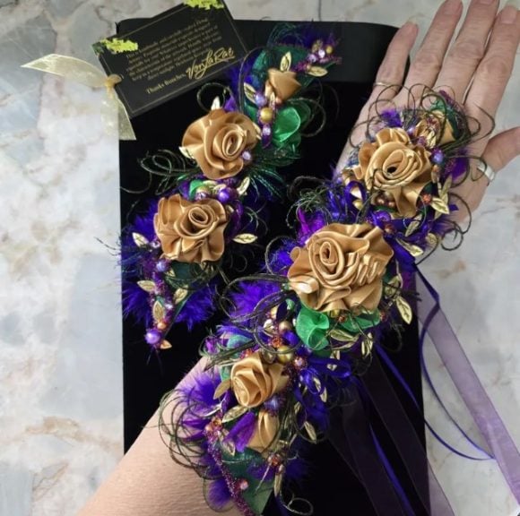 Formal Mardi Gras Extra Fancy long Wristlet Corsage - Old Gold Bling Glam - Prom Pageant Wedding Queen - Event Flowers - Costume Fashion acc