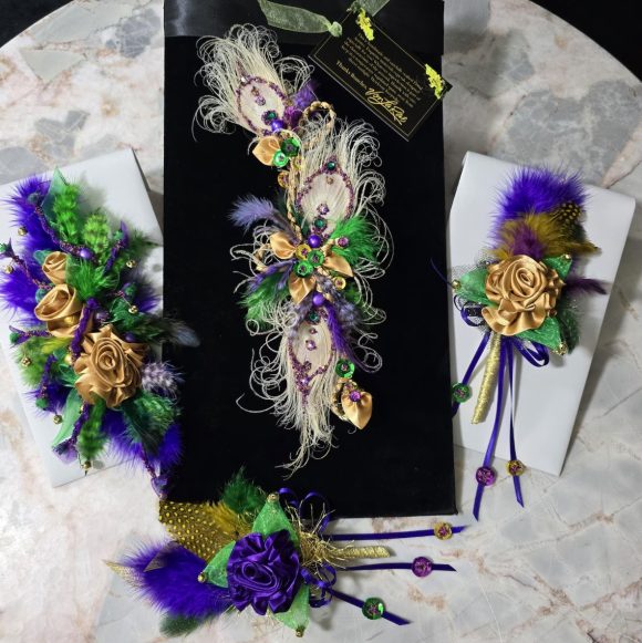 Formal Mardi Gras extra Fancy Lapel Pin, Boutonniere, Corsage | Peacock Bling Glam Long Exquisite Crescent shaped | White Purple Green Gold - Image 10