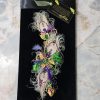 Formal Mardi Gras extra Fancy Lapel Pin, Boutonniere, Corsage | Peacock Bling Glam Long Exquisite Crescent shaped | White Purple Green Gold