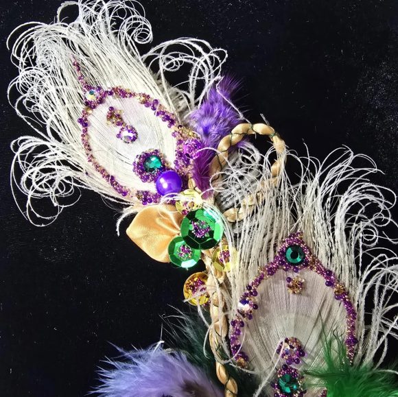 Formal Mardi Gras extra Fancy Lapel Pin, Boutonniere, Corsage | Peacock Bling Glam Long Exquisite Crescent shaped | White Purple Green Gold - Image 2