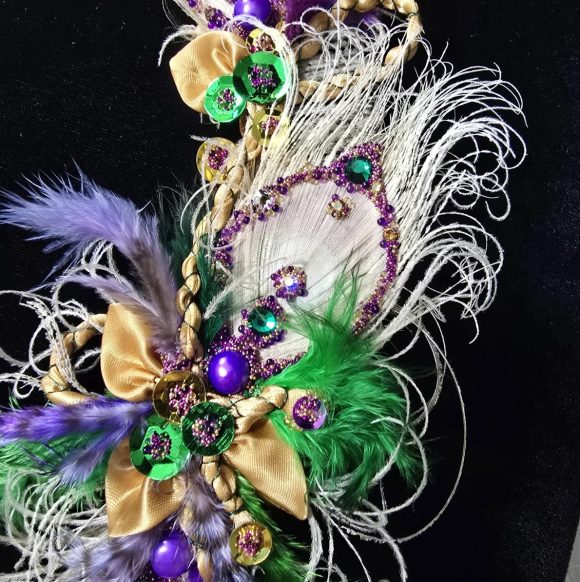 Formal Mardi Gras extra Fancy Lapel Pin, Boutonniere, Corsage | Peacock Bling Glam Long Exquisite Crescent shaped | White Purple Green Gold - Image 3