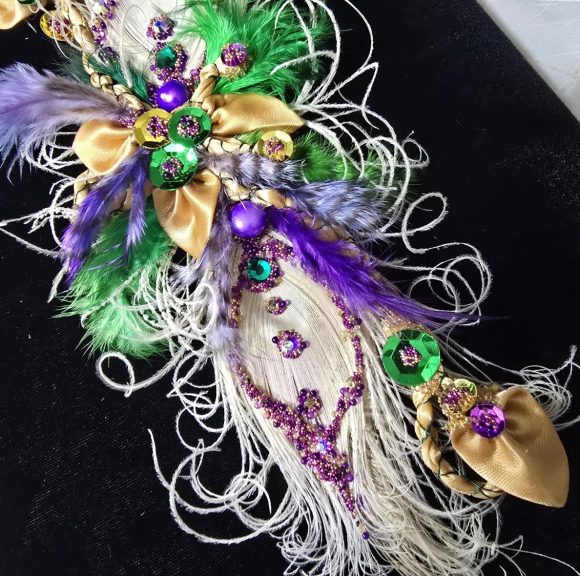 Formal Mardi Gras extra Fancy Lapel Pin, Boutonniere, Corsage | Peacock Bling Glam Long Exquisite Crescent shaped | White Purple Green Gold - Image 4