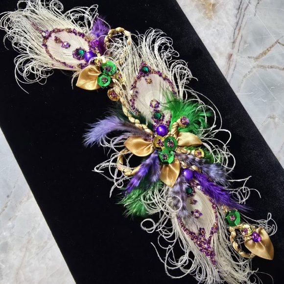 Formal Mardi Gras extra Fancy Lapel Pin, Boutonniere, Corsage | Peacock Bling Glam Long Exquisite Crescent shaped | White Purple Green Gold - Image 5