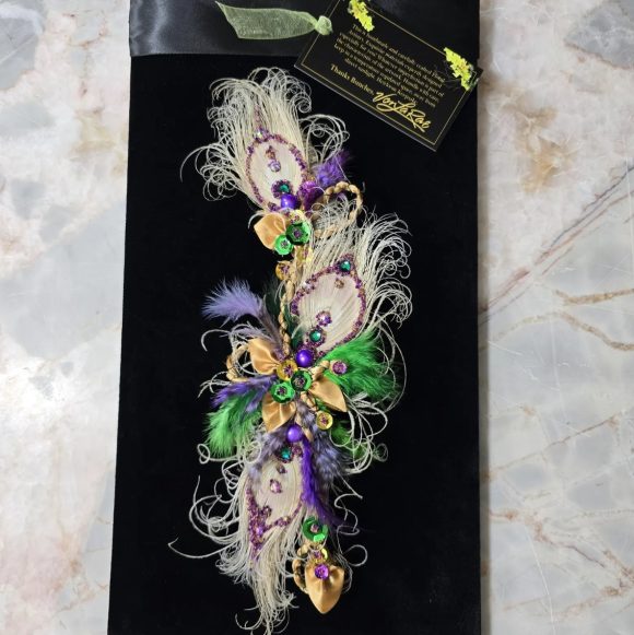 Formal Mardi Gras extra Fancy Lapel Pin, Boutonniere, Corsage | Peacock Bling Glam Long Exquisite Crescent shaped | White Purple Green Gold