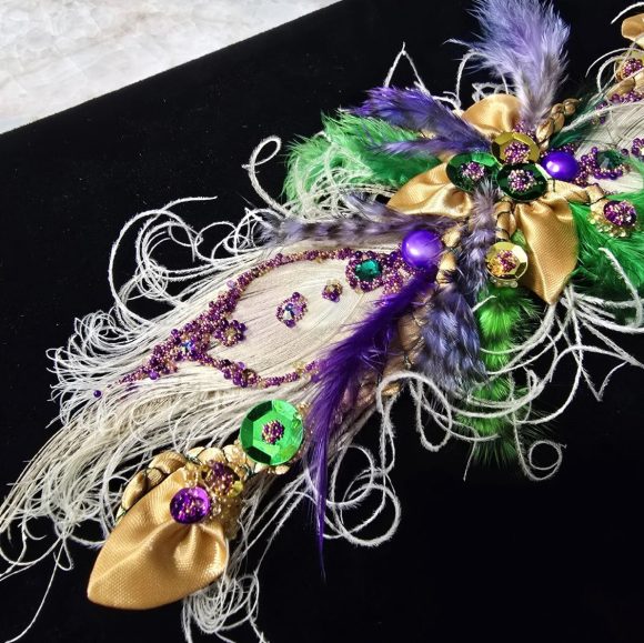 Formal Mardi Gras extra Fancy Lapel Pin, Boutonniere, Corsage | Peacock Bling Glam Long Exquisite Crescent shaped | White Purple Green Gold - Image 7