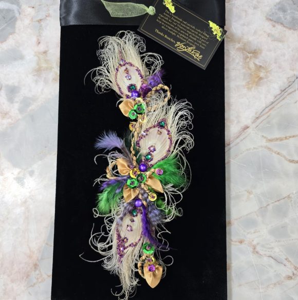 Formal Mardi Gras extra Fancy Lapel Pin, Boutonniere, Corsage | Peacock Bling Glam Long Exquisite Crescent shaped | White Purple Green Gold - Image 8