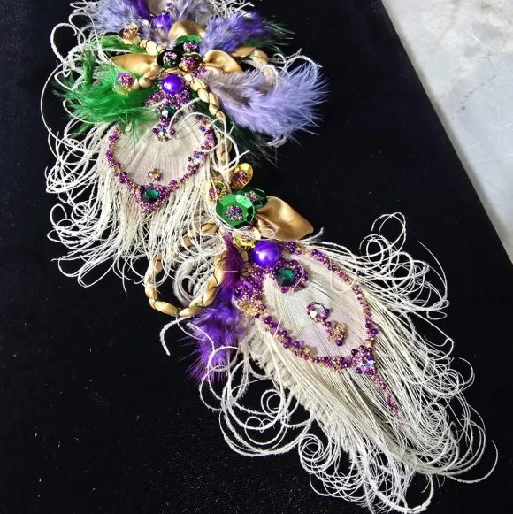 Formal Mardi Gras extra Fancy Lapel Pin, Boutonniere, Corsage | Peacock Bling Glam Long Exquisite Crescent shaped | White Purple Green Gold - Image 9