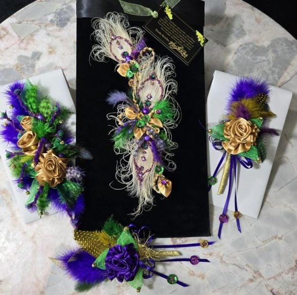 Mardi Gras Lapel Pin, Festive Boutonniere, Corsage | Old Gold ribbon Rose, Feather’s sequins, bells | Formal Designer Tux | Custom Order - Image 10