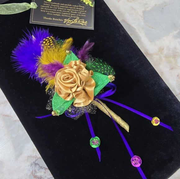 Mardi Gras Lapel Pin, Festive Boutonniere, Corsage | Old Gold ribbon Rose, Feather’s sequins, bells | Formal Designer Tux | Custom Order - Image 2