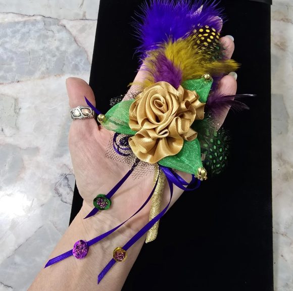 Mardi Gras Lapel Pin, Festive Boutonniere, Corsage | Old Gold ribbon Rose, Feather’s sequins, bells | Formal Designer Tux | Custom Order - Image 3