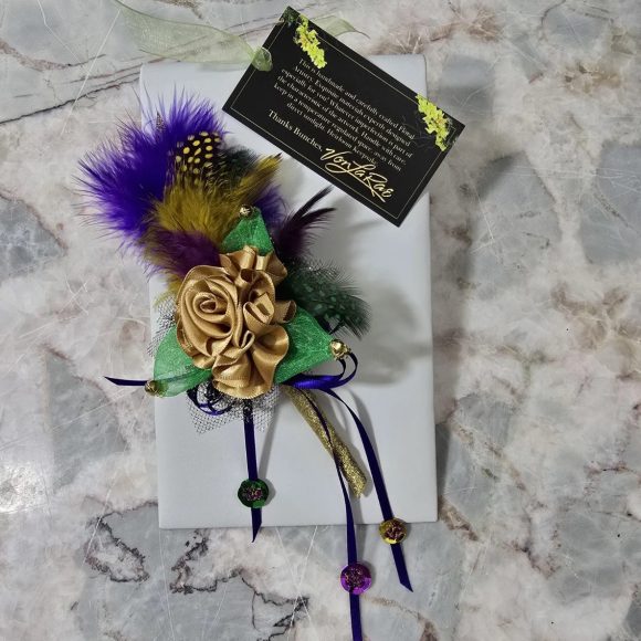 Mardi Gras Lapel Pin, Festive Boutonniere, Corsage | Old Gold ribbon Rose, Feather’s sequins, bells | Formal Designer Tux | Custom Order - Image 4