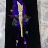 Mardi Gras Lapel Pin, Festive Boutonniere, Corsage | Old Gold ribbon Rose, Feather’s sequins, bells | Formal Designer Tux | Custom Order - Image 5