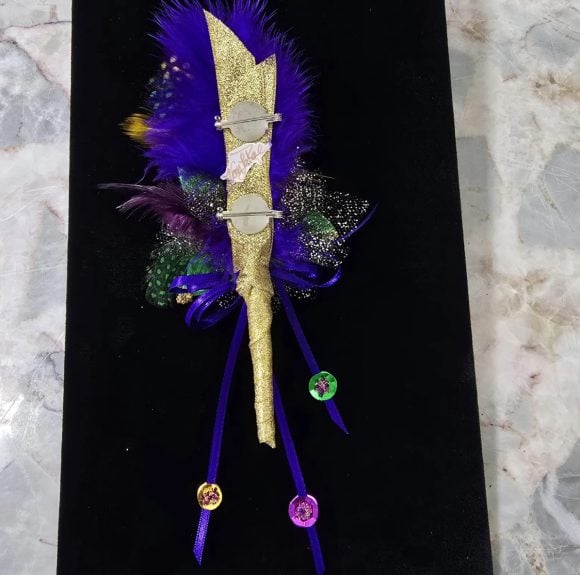 Mardi Gras Lapel Pin, Festive Boutonniere, Corsage | Old Gold ribbon Rose, Feather’s sequins, bells | Formal Designer Tux | Custom Order - Image 5