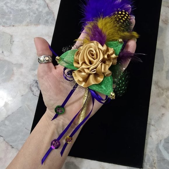 Mardi Gras Lapel Pin, Festive Boutonniere, Corsage | Old Gold ribbon Rose, Feather’s sequins, bells | Formal Designer Tux | Custom Order