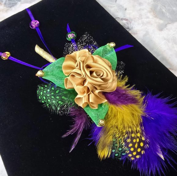 Mardi Gras Lapel Pin, Festive Boutonniere, Corsage | Old Gold ribbon Rose, Feather’s sequins, bells | Formal Designer Tux | Custom Order - Image 6