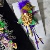 Mardi Gras Lapel Pin, Festive Boutonniere, Corsage | Old Gold ribbon Rose, Feather’s sequins, bells | Formal Designer Tux | Custom Order - Image 7