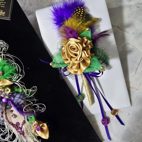 Mardi Gras Lapel Pin, Festive Boutonniere, Corsage | Old Gold ribbon Rose, Feather’s sequins, bells | Formal Designer Tux | Custom Order - Image 7