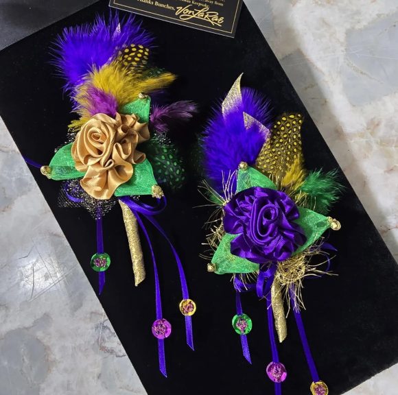 Mardi Gras Lapel Pin, Festive Boutonniere, Corsage | Old Gold ribbon Rose, Feather’s sequins, bells | Formal Designer Tux | Custom Order - Image 8