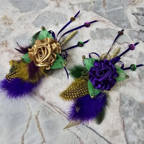 Mardi Gras Lapel Pin, Festive Boutonniere, Corsage | Old Gold ribbon Rose, Feather’s sequins, bells | Formal Designer Tux | Custom Order - Image 9