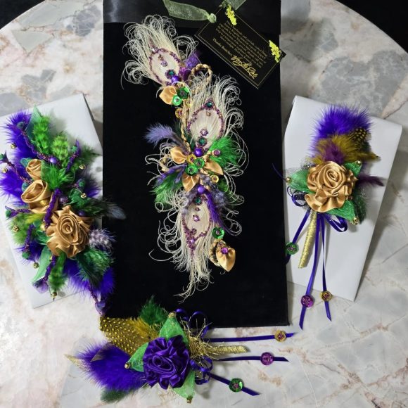 Mardi Gras Lapel Pin, Festive Boutonniere, Corsage | Purple Rose, Feather’s sequins, bells | Fun Fashion accessories | Prom, Wedding Event - Image 10