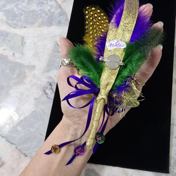 Mardi Gras Lapel Pin, Festive Boutonniere, Corsage | Purple Rose, Feather’s sequins, bells | Fun Fashion accessories | Prom, Wedding Event - Image 2