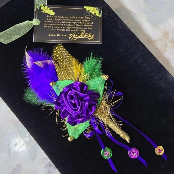 Mardi Gras Lapel Pin, Festive Boutonniere, Corsage | Purple Rose, Feather’s sequins, bells | Fun Fashion accessories | Prom, Wedding Event - Image 3