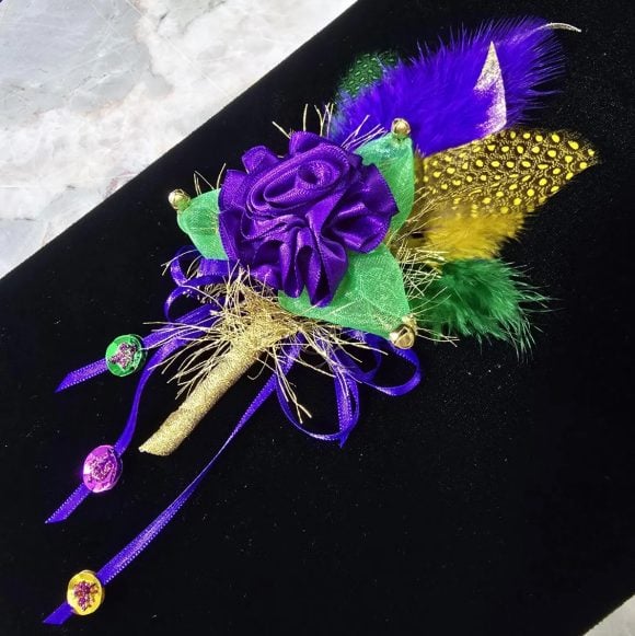 Mardi Gras Lapel Pin, Festive Boutonniere, Corsage | Purple Rose, Feather’s sequins, bells | Fun Fashion accessories | Prom, Wedding Event - Image 4