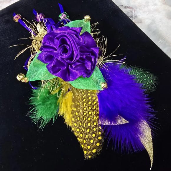 Mardi Gras Lapel Pin, Festive Boutonniere, Corsage | Purple Rose, Feather’s sequins, bells | Fun Fashion accessories | Prom, Wedding Event - Image 5