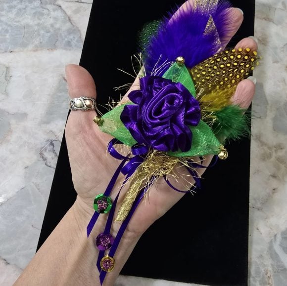 Mardi Gras Lapel Pin, Festive Boutonniere, Corsage | Purple Rose, Feather’s sequins, bells | Fun Fashion accessories | Prom, Wedding Event