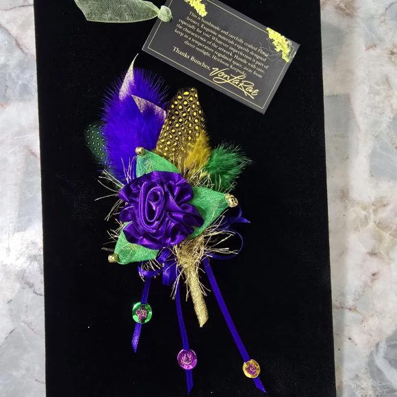 Mardi Gras Lapel Pin, Festive Boutonniere, Corsage | Purple Rose, Feather’s sequins, bells | Fun Fashion accessories | Prom, Wedding Event - Image 6