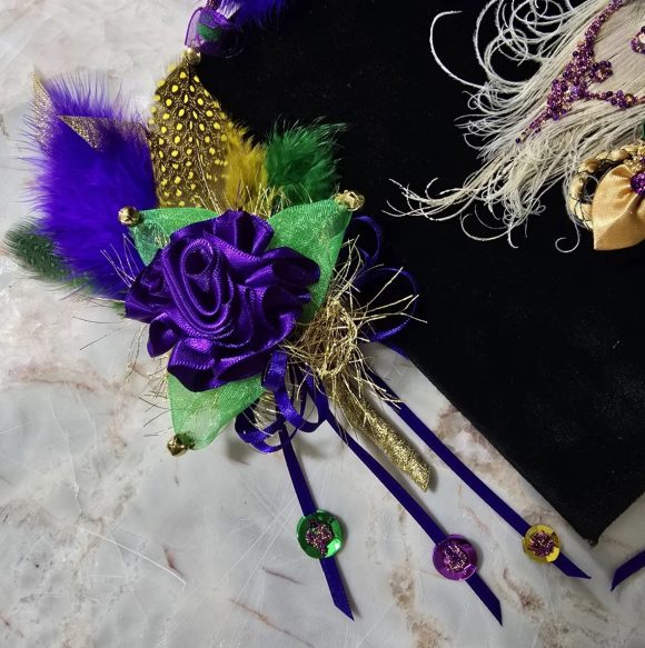 Mardi Gras Lapel Pin, Festive Boutonniere, Corsage | Purple Rose, Feather’s sequins, bells | Fun Fashion accessories | Prom, Wedding Event - Image 7