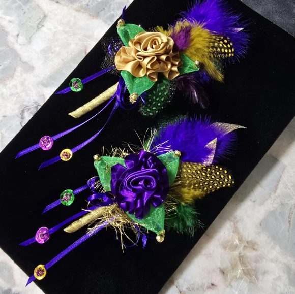 Mardi Gras Lapel Pin, Festive Boutonniere, Corsage | Purple Rose, Feather’s sequins, bells | Fun Fashion accessories | Prom, Wedding Event - Image 8