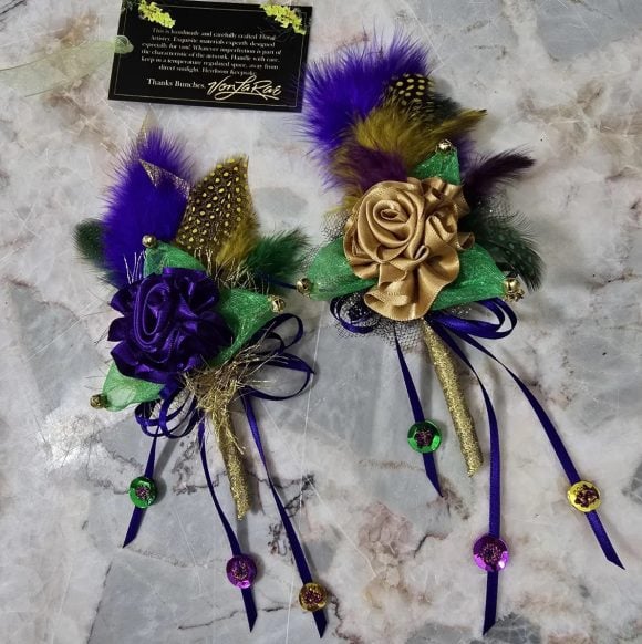 Mardi Gras Lapel Pin, Festive Boutonniere, Corsage | Purple Rose, Feather’s sequins, bells | Fun Fashion accessories | Prom, Wedding Event - Image 9