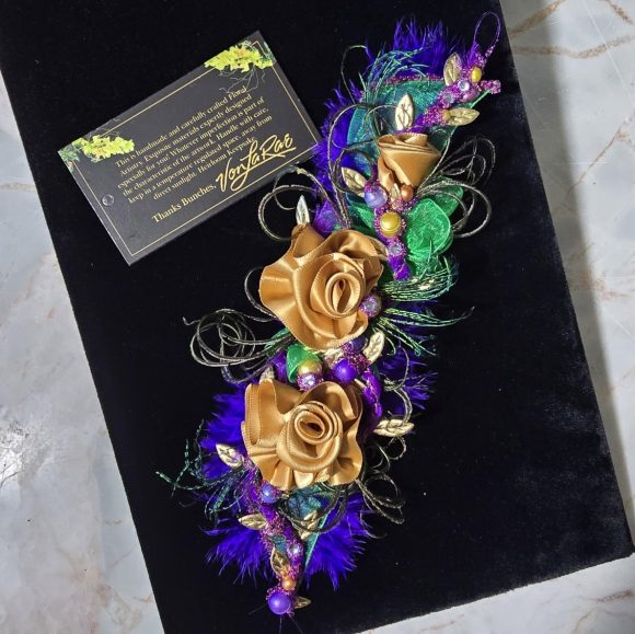 Mardi Gras Theme Lapel pin, Boutonniere, Corsage | Formal Fun Fashion accs. | Purple Green Gold | Keepsake | Unisex | Prom Wedding Event