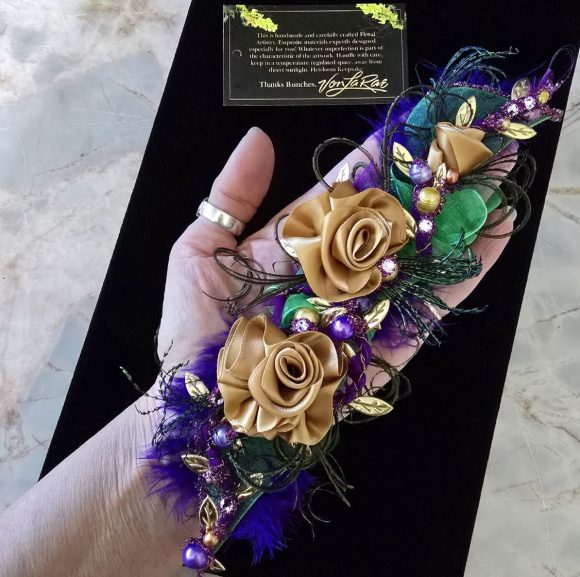 Mardi Gras Theme Lapel pin, Boutonniere, Corsage | Formal Fun Fashion accs. | Purple Green Gold | Keepsake | Unisex | Prom Wedding Event