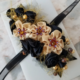 Prom 2024 Hoco, Wedding - Exquisite Wrist Corsage Boutonniere - Champagne Black Gold Topaz Bling and Glam - Event fashion jewelry gift