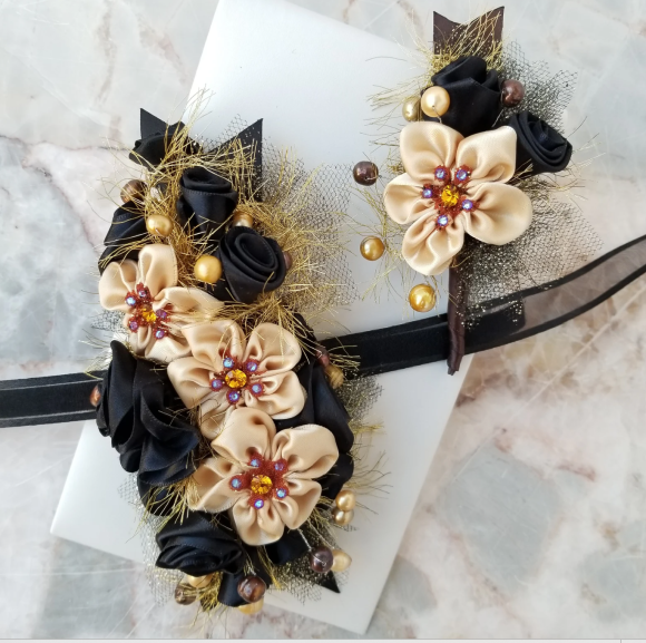 Prom 2024 Hoco, Wedding - Exquisite Wrist Corsage Boutonniere - Champagne Black Gold Topaz Bling and Glam - Event fashion jewelry gift